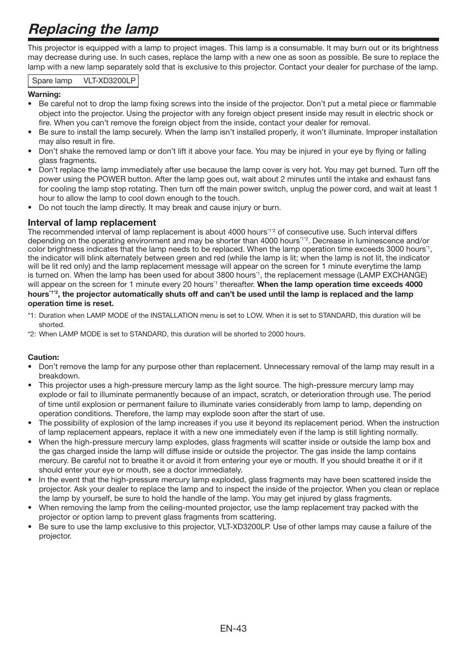 Replacing the lamp, En-43, Interval of lamp replacement | MITSUBISHI ELECTRIC XD3200U User Manual | Page 43 / 53