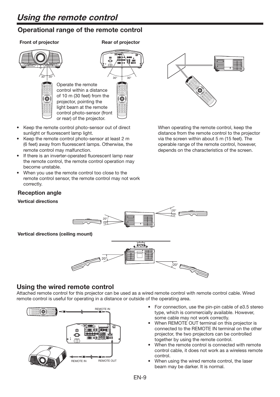 Using the remote control, Operational range of the remote control, Using the wired remote control | En-9, Reception angle | MITSUBISHI ELECTRIC XD3200U User Manual | Page 9 / 53