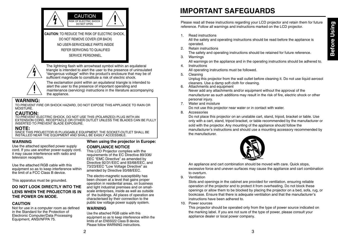Before using, Important safeguards | MITSUBISHI ELECTRIC SE1U User Manual | Page 2 / 22