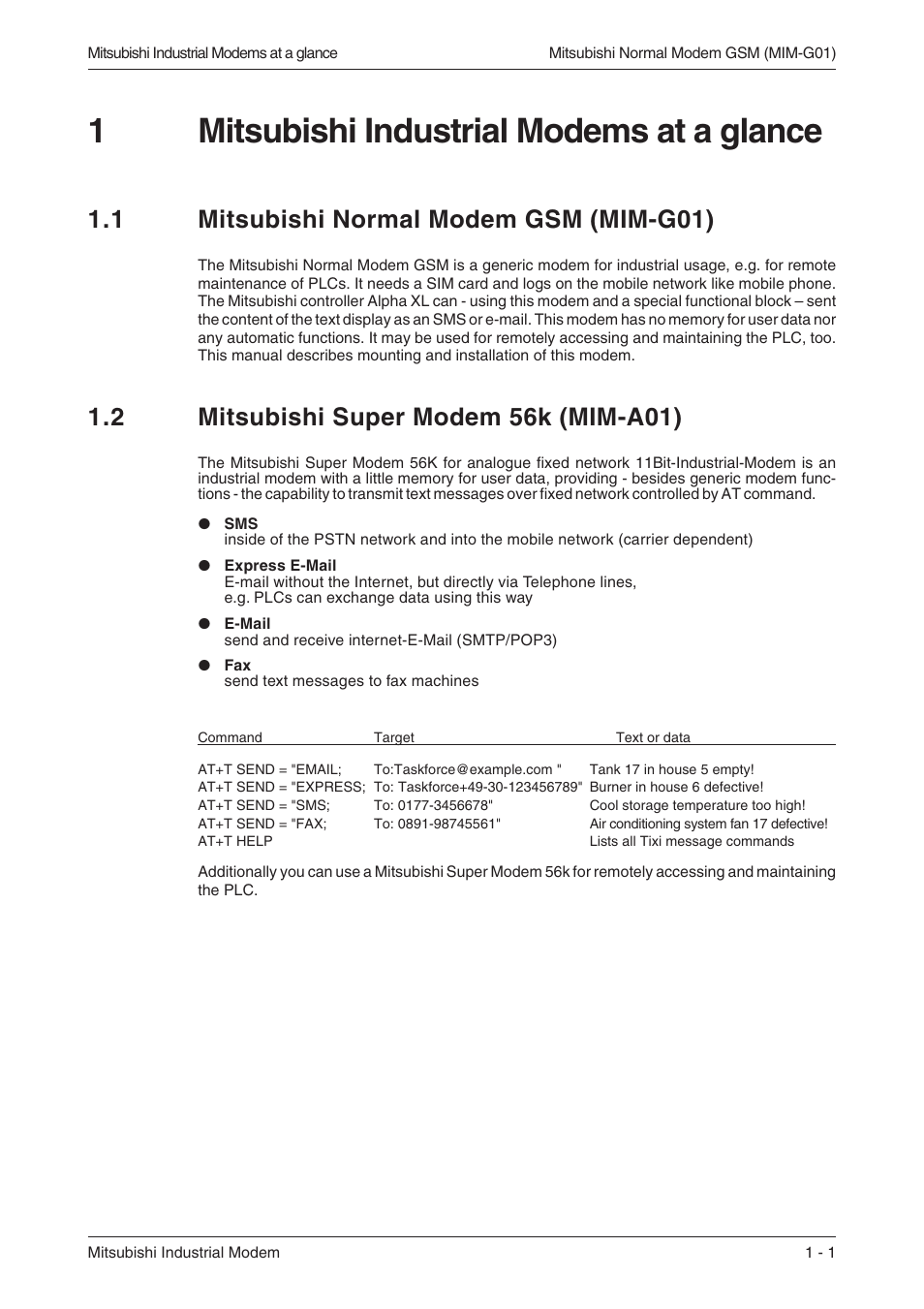 1 mitsubishi industrial modems at a glance, 1 mitsubishi normal modem gsm (mim-g01) 1-1, 2 mitsubishi super modem 56k (mim-a01) 1-1 | Normal modem gsm 1-1, Super modem 56k 1-1, 1mitsubishi industrial modems at a glance, 1 mitsubishi normal modem gsm (mim-g01) | MITSUBISHI ELECTRIC MIM-G01 User Manual | Page 11 / 62