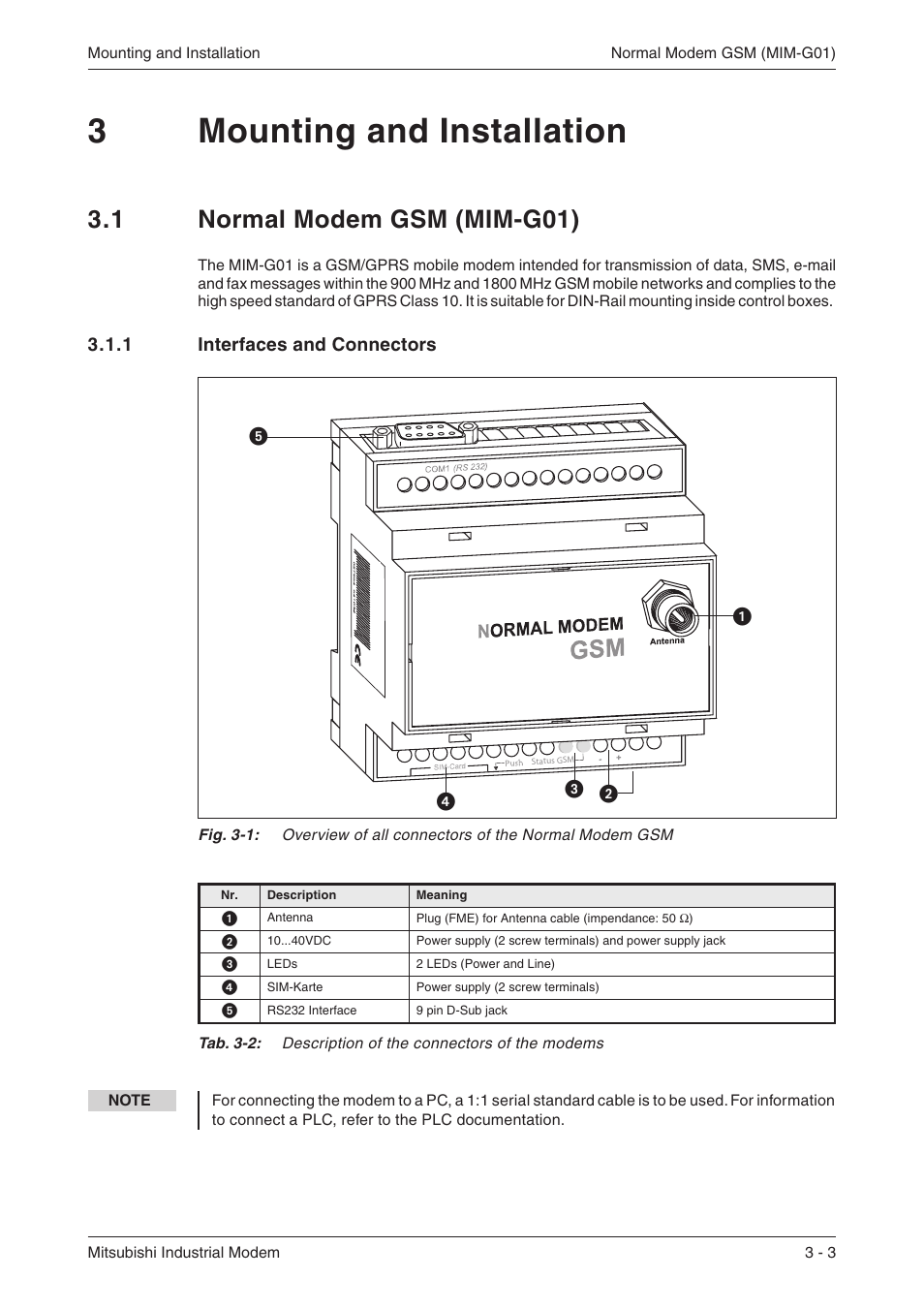 3 mounting and installation, 1 normal modem gsm (mim-g01) 3-3, 1 interfaces and connectors 3-3 | Connection 3-3, Mim-g01 3-3, Mim g01 3-3, 3mounting and installation, 1 normal modem gsm (mim-g01) | MITSUBISHI ELECTRIC MIM-G01 User Manual | Page 13 / 62