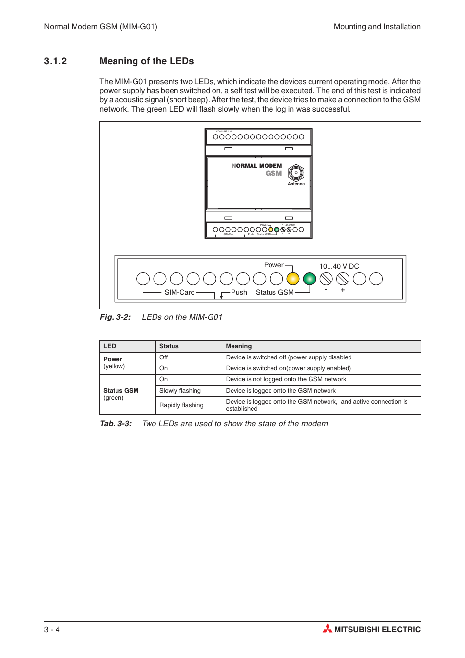 2 meaning of the leds 3-4, Mim g01 3-4, Mim-g01 3-4 | 2 meaning of the leds, Fig. 3-2: leds on the mim-g01 | MITSUBISHI ELECTRIC MIM-G01 User Manual | Page 14 / 62