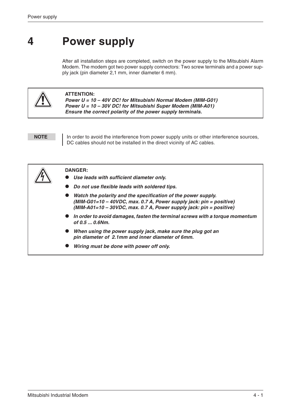 4 power supply, Polarity of the power supply 4-1, Power supply 4-1 | 4power supply | MITSUBISHI ELECTRIC MIM-G01 User Manual | Page 21 / 62