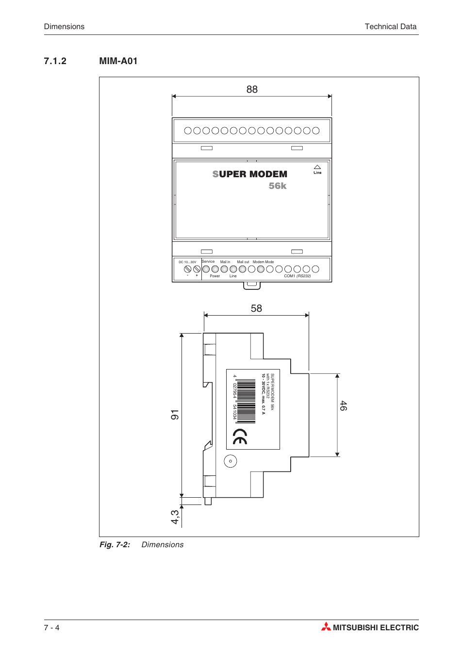 2 mim-a01 7-4, Mim a01 7-4, 2 mim-a01 | Super modem 56k, Fig. 7-2: dimensions | MITSUBISHI ELECTRIC MIM-G01 User Manual | Page 34 / 62