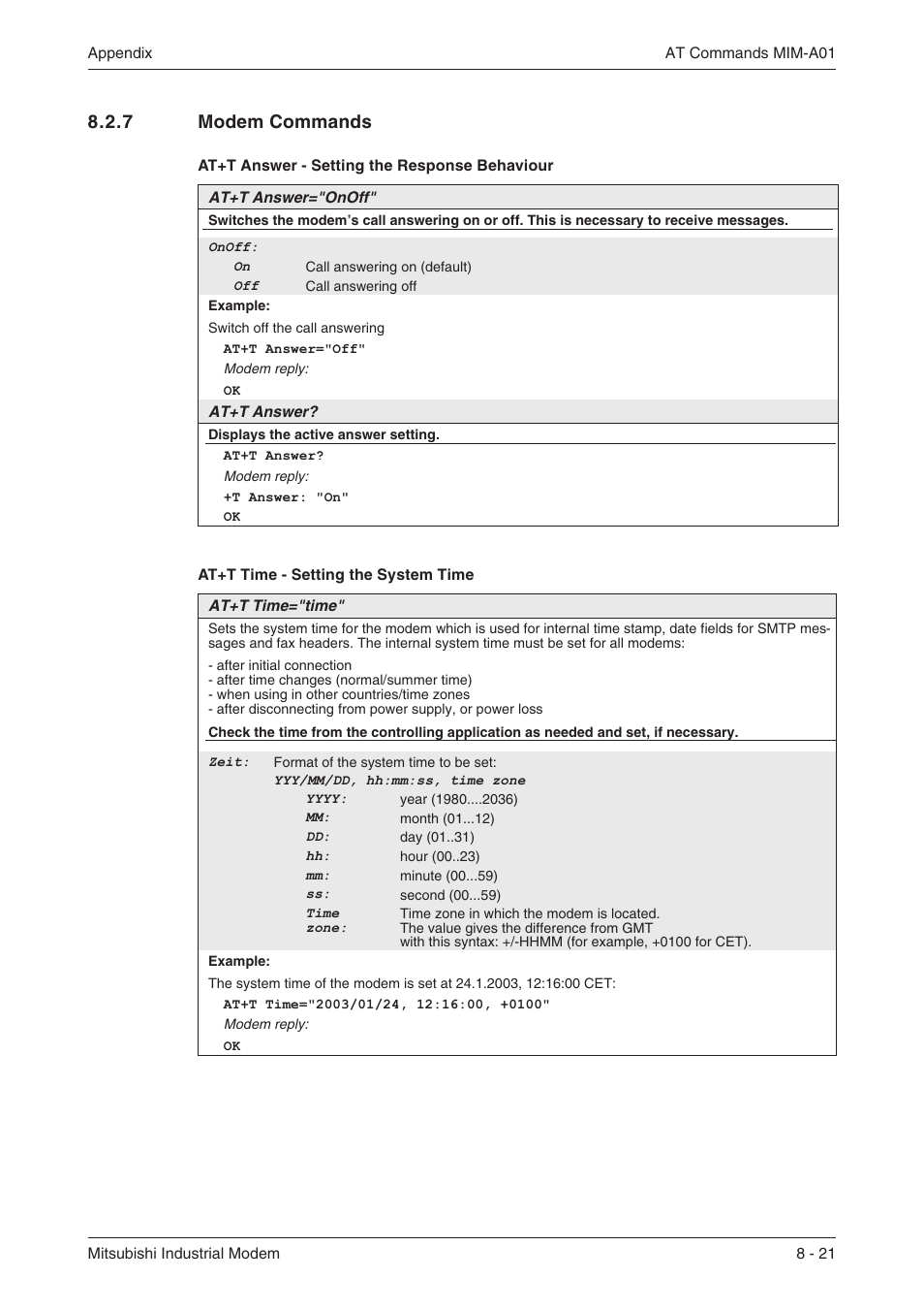 7 modem commands 8-21, 7 modem commands | MITSUBISHI ELECTRIC MIM-G01 User Manual | Page 55 / 62