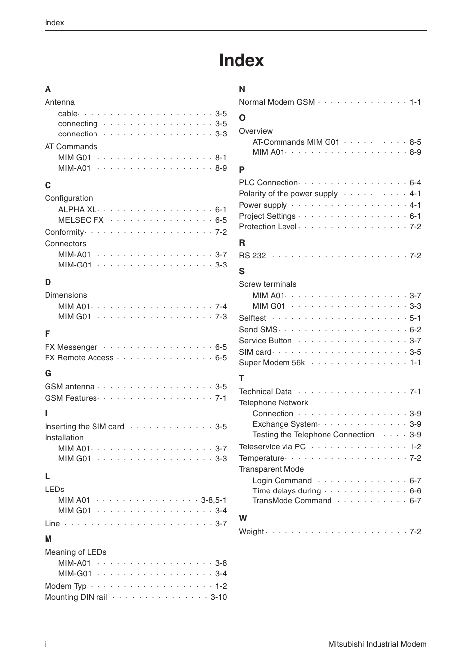 Index | MITSUBISHI ELECTRIC MIM-G01 User Manual | Page 60 / 62