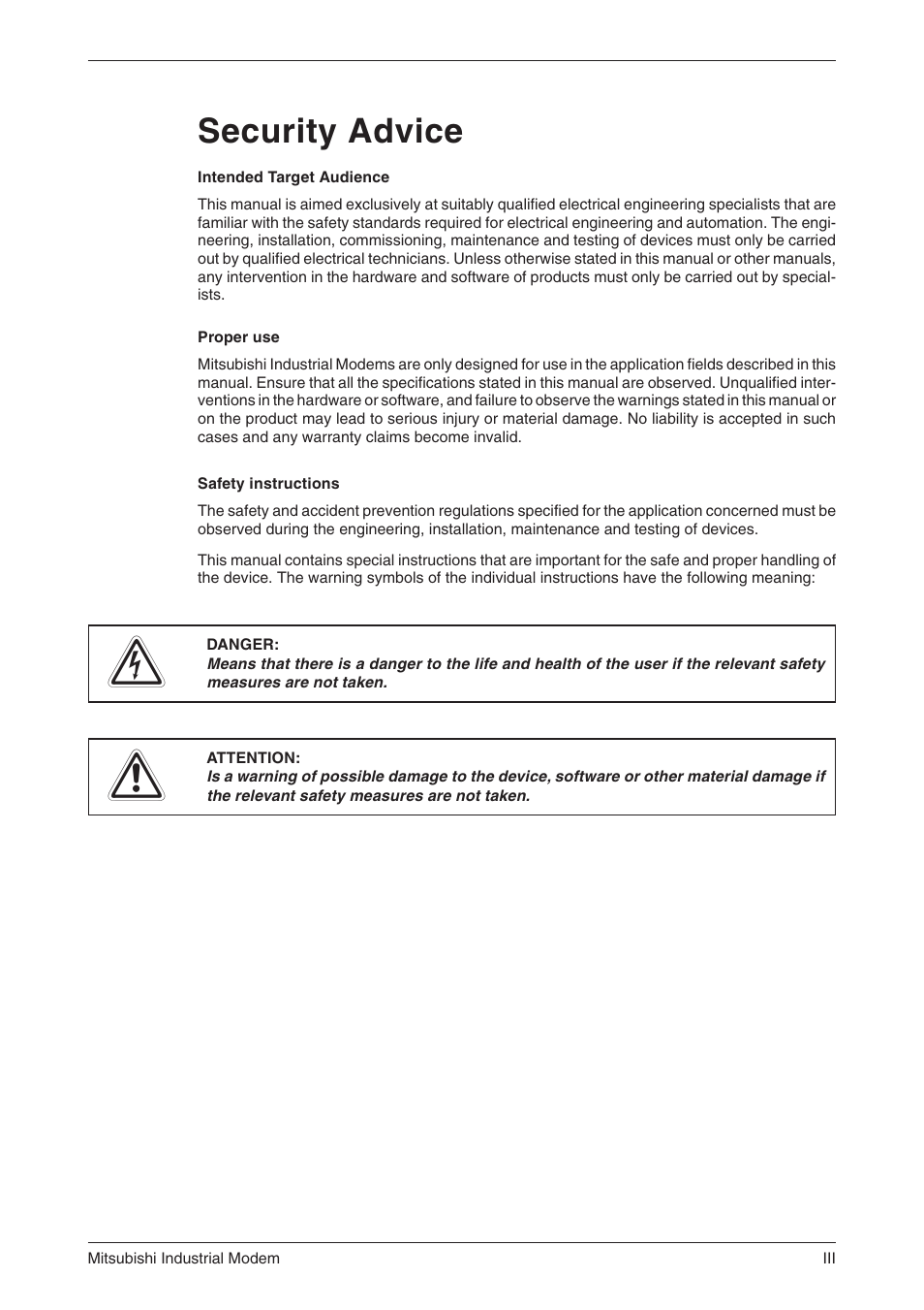 Security advice | MITSUBISHI ELECTRIC MIM-G01 User Manual | Page 7 / 62