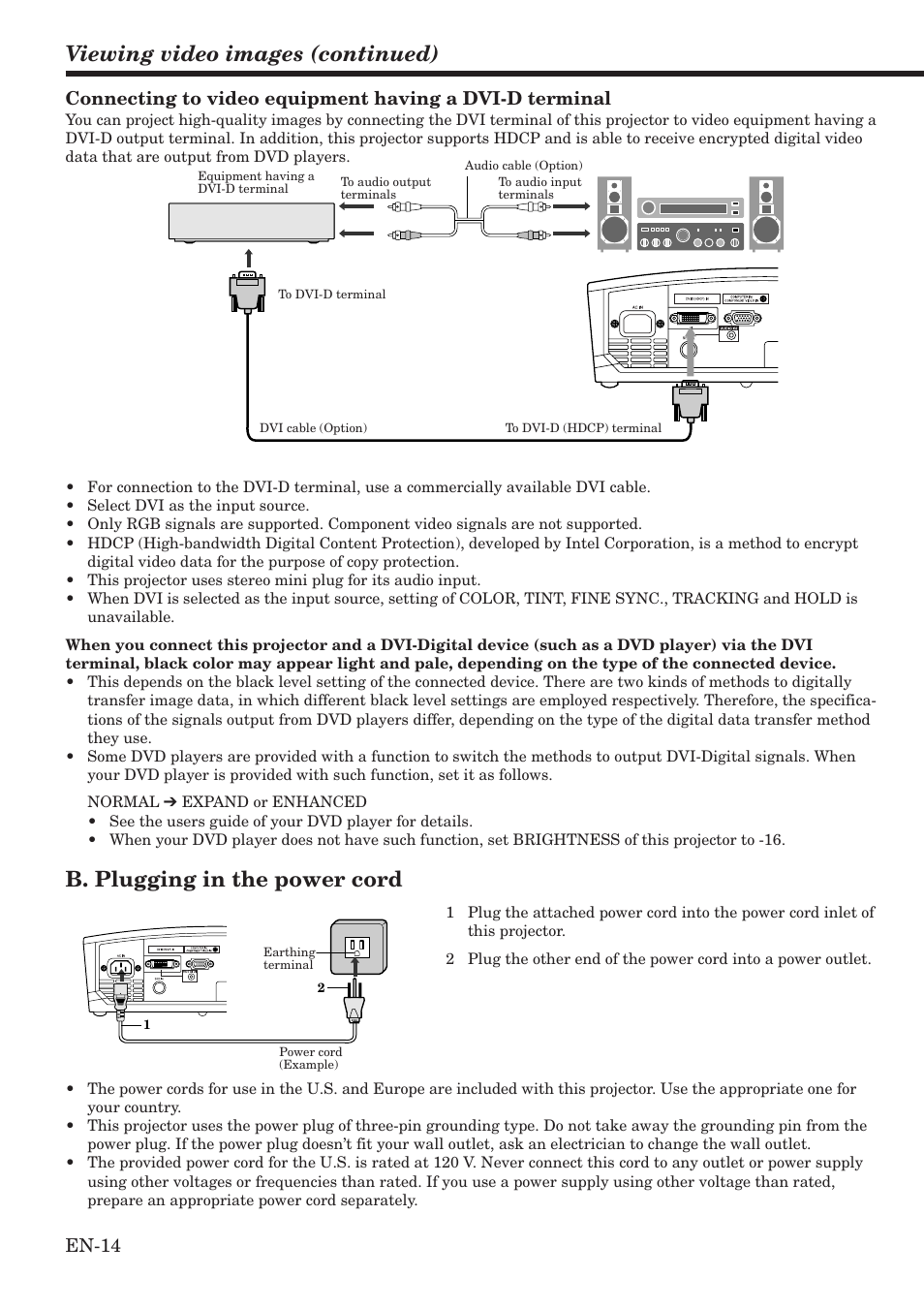 Viewing video images (continued), B. plugging in the power cord, En-14 | MITSUBISHI ELECTRIC HC900 User Manual | Page 14 / 38