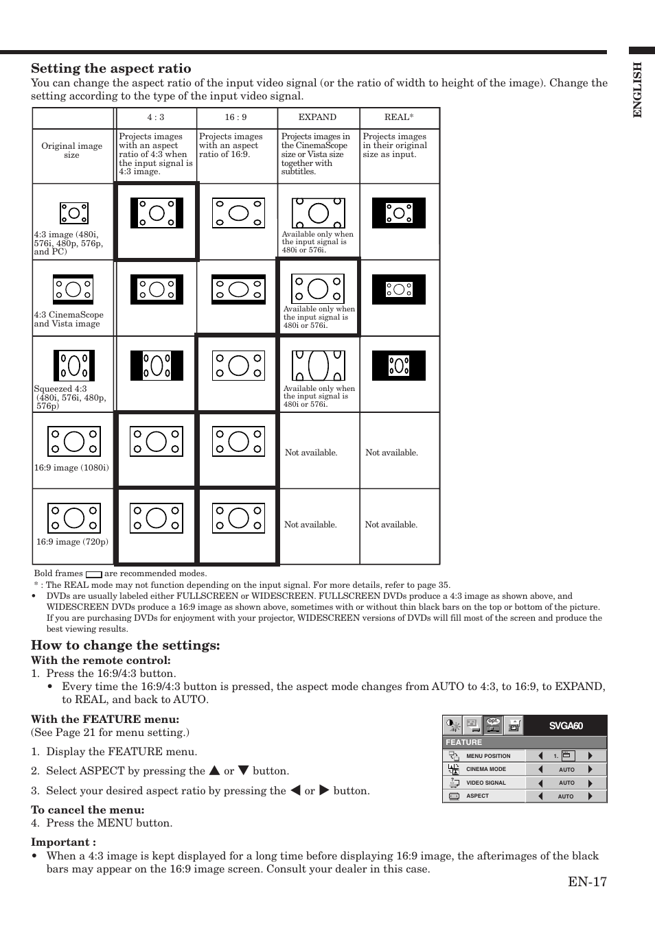 En-17, Setting the aspect ratio, How to change the settings | MITSUBISHI ELECTRIC HC900 User Manual | Page 17 / 38