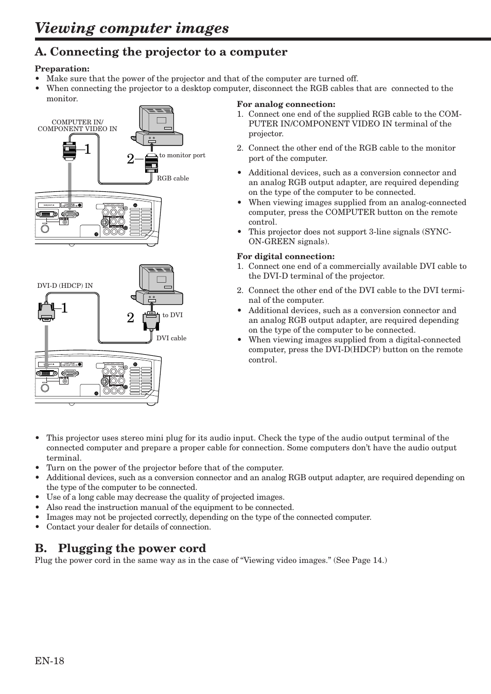 Viewing computer images, A. connecting the projector to a computer, B. plugging the power cord | MITSUBISHI ELECTRIC HC900 User Manual | Page 18 / 38