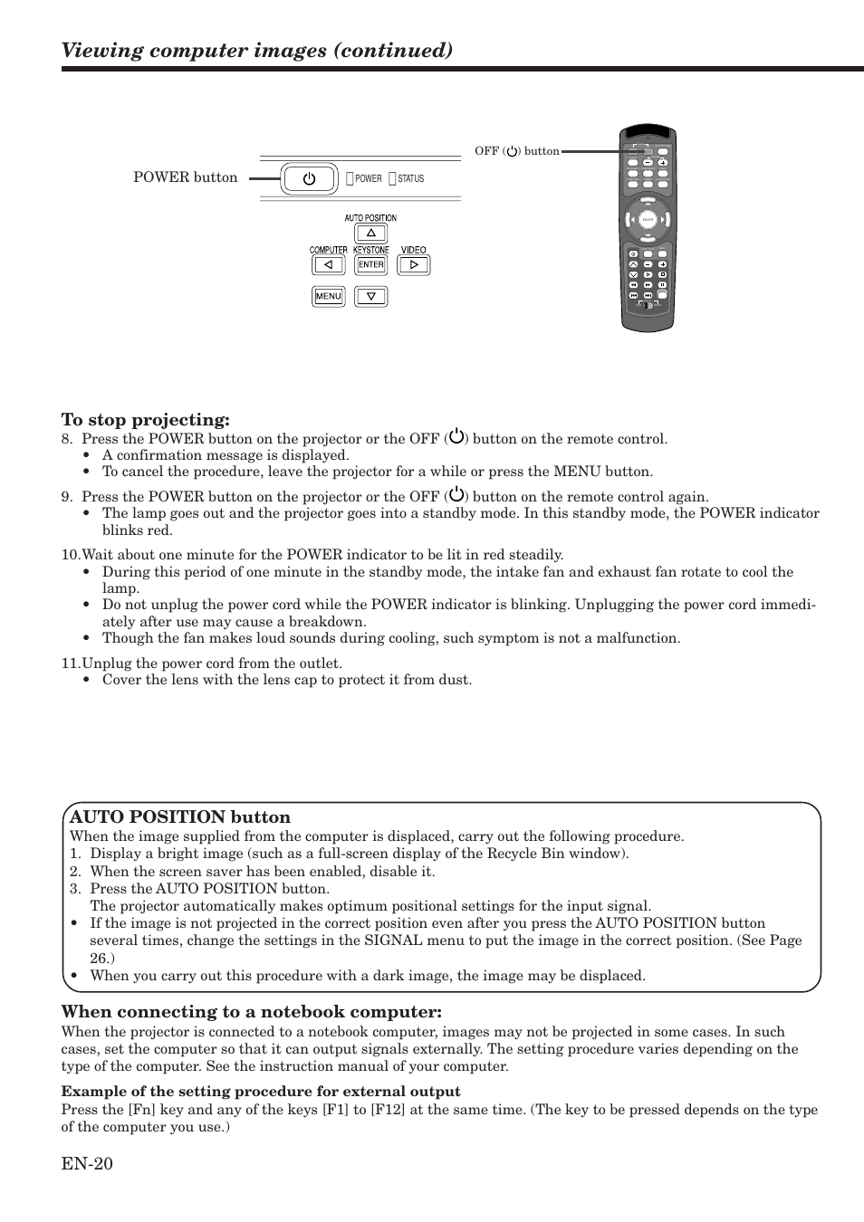 Viewing computer images (continued), En-20 auto position button, Power button | MITSUBISHI ELECTRIC HC900 User Manual | Page 20 / 38