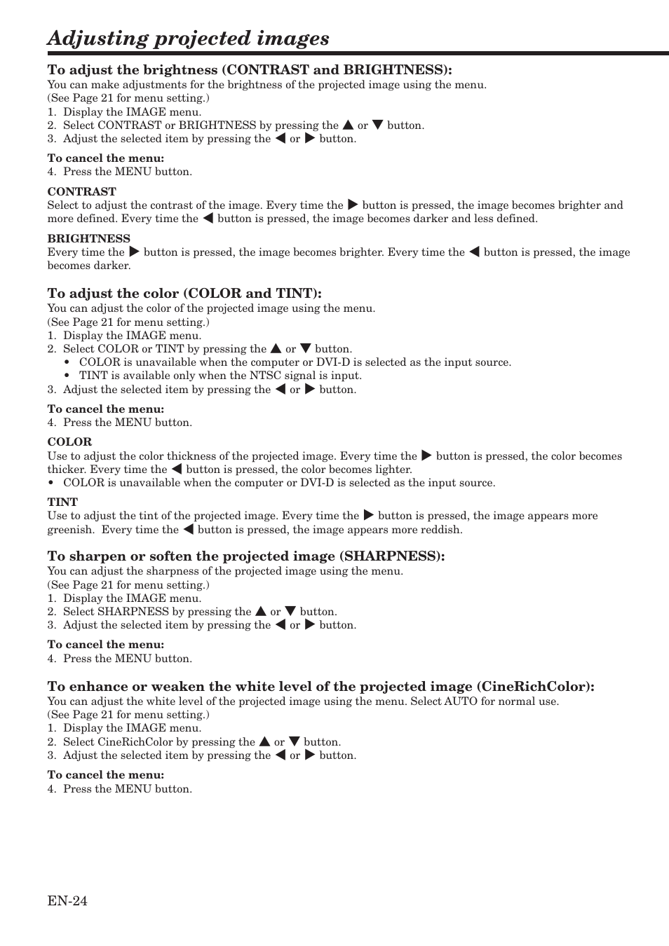 Adjusting projected images | MITSUBISHI ELECTRIC HC900 User Manual | Page 24 / 38