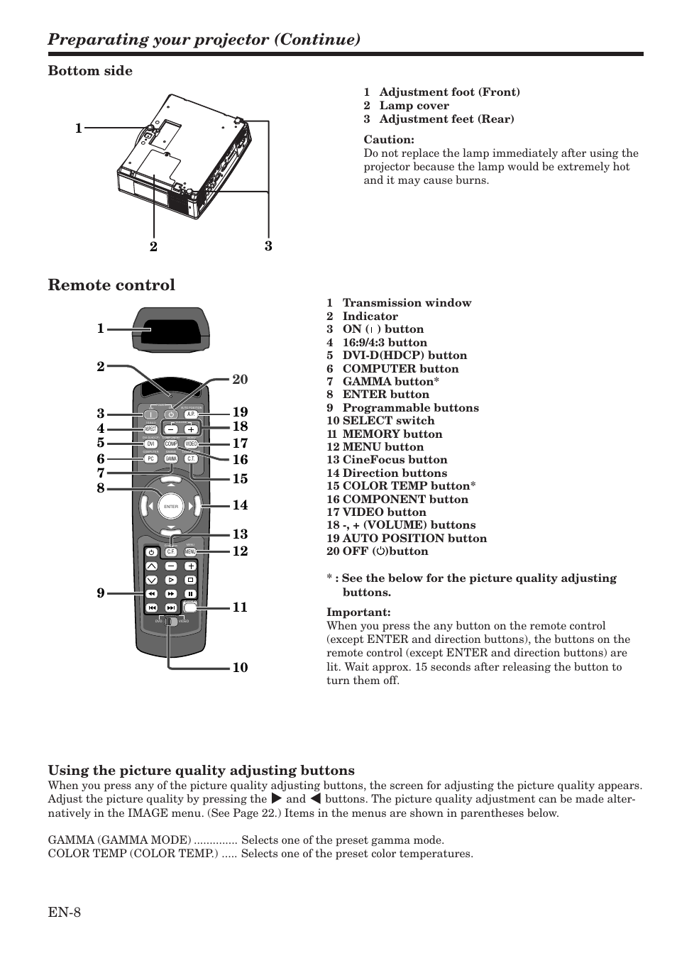 Preparating your projector (continue), Remote control, En-8 20 | Bottom side, Using the picture quality adjusting buttons | MITSUBISHI ELECTRIC HC900 User Manual | Page 8 / 38