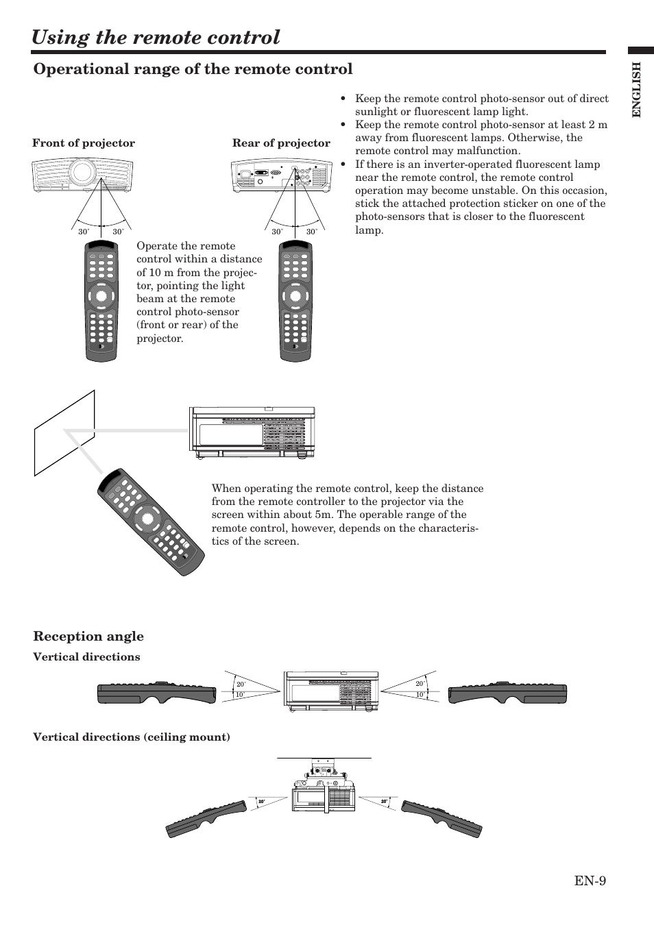 Using the remote control, Operational range of the remote control, En-9 | Reception angle | MITSUBISHI ELECTRIC HC900 User Manual | Page 9 / 38