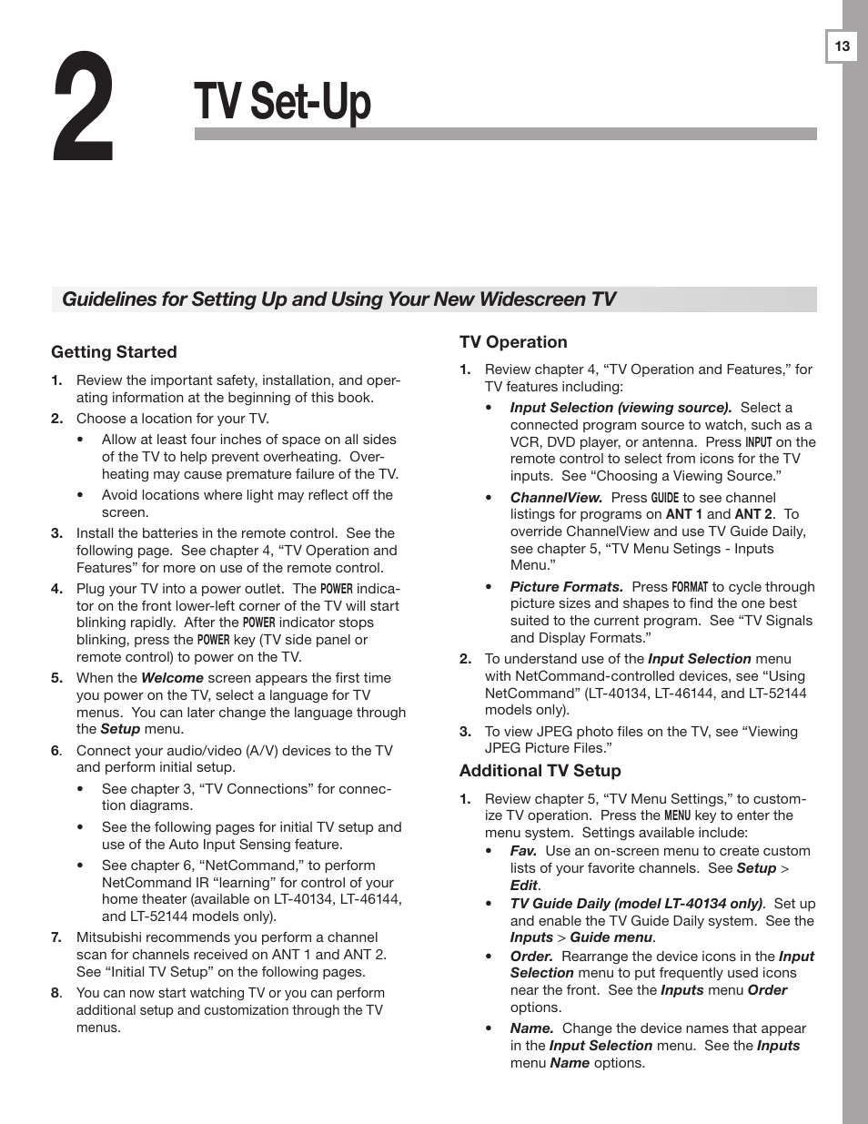 2 tv setup, Guidelines for setting up and using your new, Widescreen tv | Tv set-up | MITSUBISHI ELECTRIC LT-40133 User Manual | Page 13 / 88