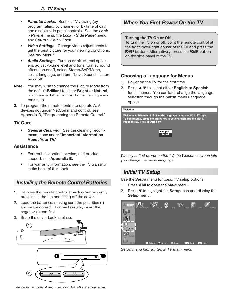 Installing the remote control batteries, When you first power on the tv, Initial tv setup | MITSUBISHI ELECTRIC LT-40133 User Manual | Page 14 / 88