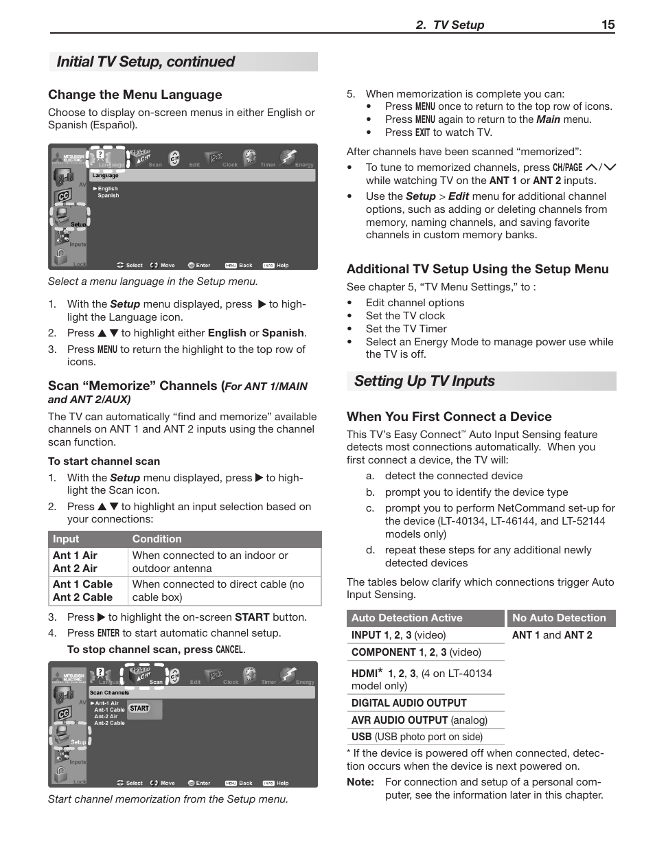 Setting up tv inputs, Initial tv setup, continued | MITSUBISHI ELECTRIC LT-40133 User Manual | Page 15 / 88