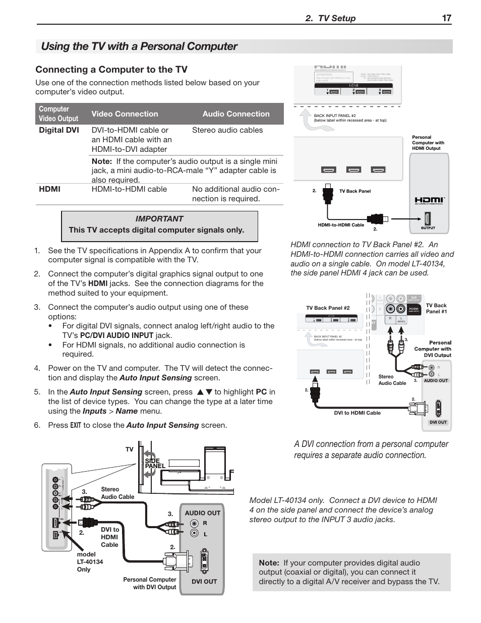 Using the tv with a personal computer, 17 connecting a computer to the tv, Tv setup | MITSUBISHI ELECTRIC LT-40133 User Manual | Page 17 / 88