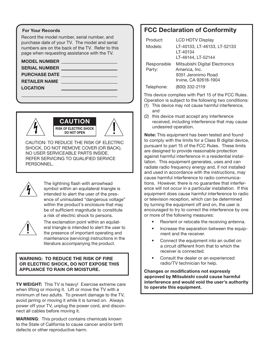 Fcc declaration of conformity, Caution | MITSUBISHI ELECTRIC LT-40133 User Manual | Page 2 / 88