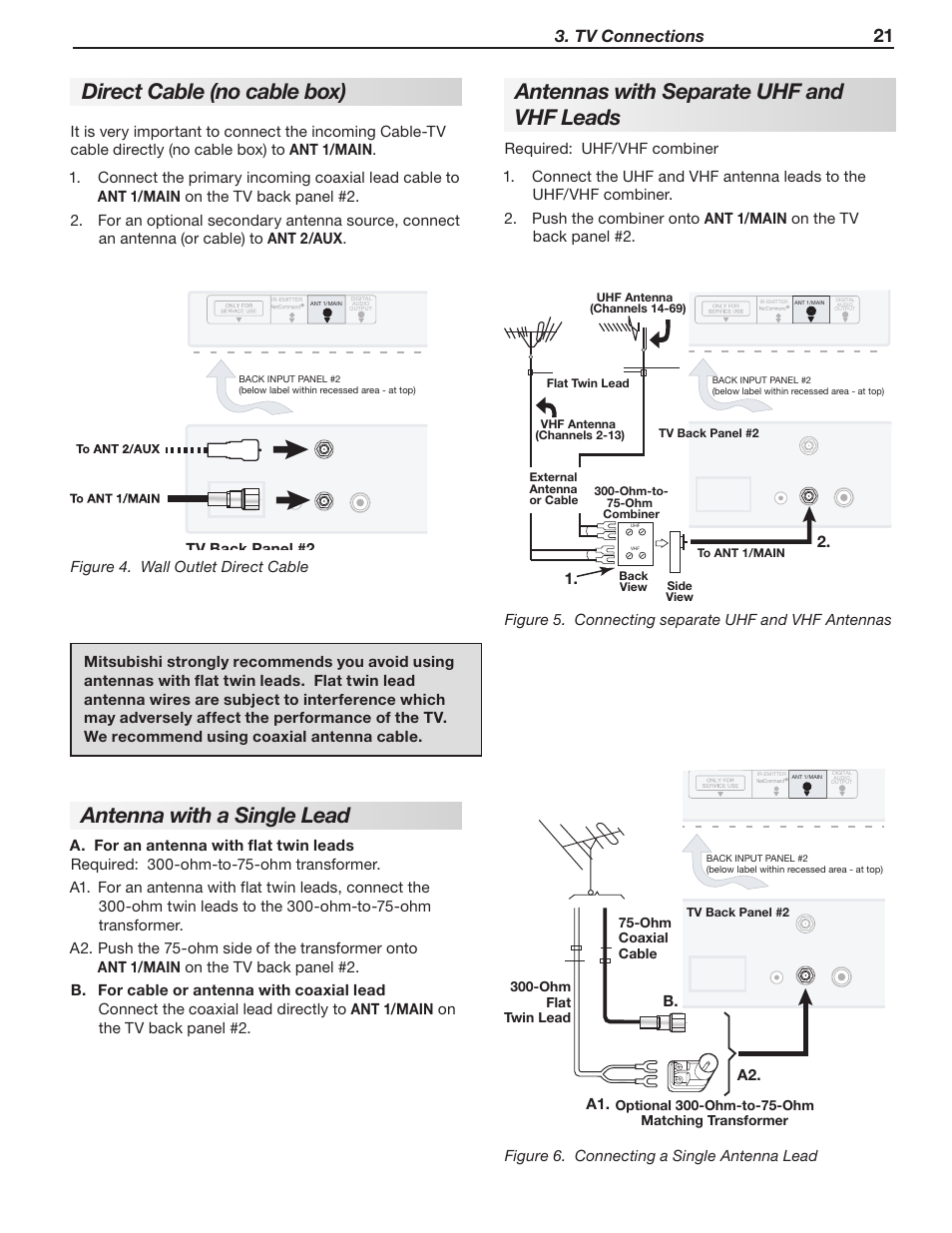 Direct cable (no cable box), Antenna with a single lead, Antennas with separate uhf and vhf leads | Tv connections | MITSUBISHI ELECTRIC LT-40133 User Manual | Page 21 / 88