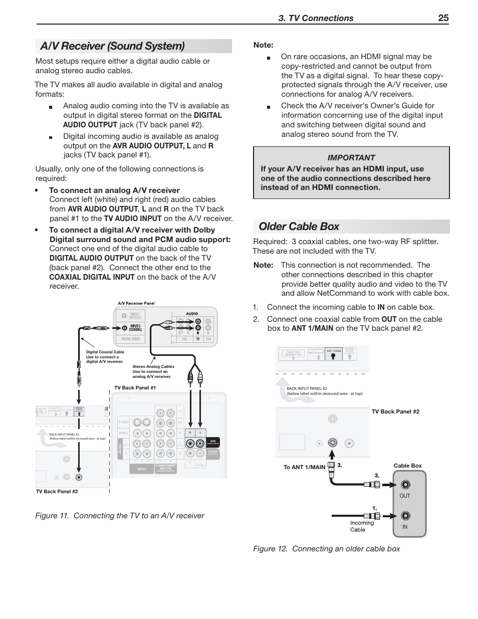 A/v receiver (sound system), Older cable box, Tv connections | Figure 12. connecting an older cable box | MITSUBISHI ELECTRIC LT-40133 User Manual | Page 25 / 88