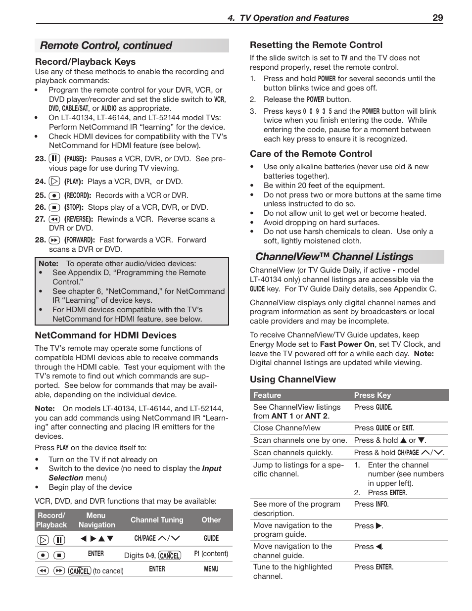 Channelview™ channel listings, Remote control, continued | MITSUBISHI ELECTRIC LT-40133 User Manual | Page 29 / 88