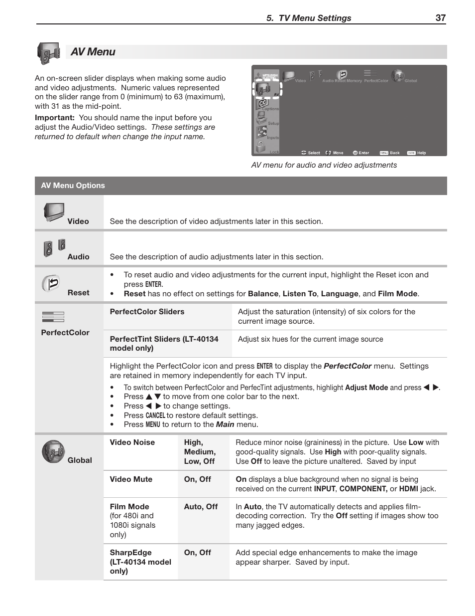 Av menu | MITSUBISHI ELECTRIC LT-40133 User Manual | Page 37 / 88