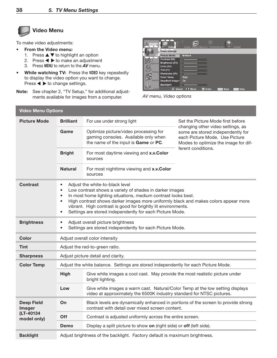 Video menu | MITSUBISHI ELECTRIC LT-40133 User Manual | Page 38 / 88