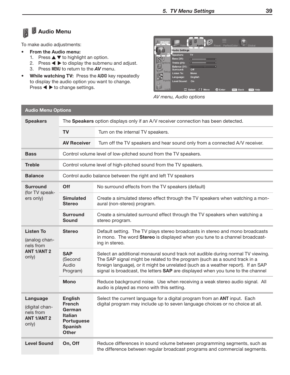 Audio menu | MITSUBISHI ELECTRIC LT-40133 User Manual | Page 39 / 88