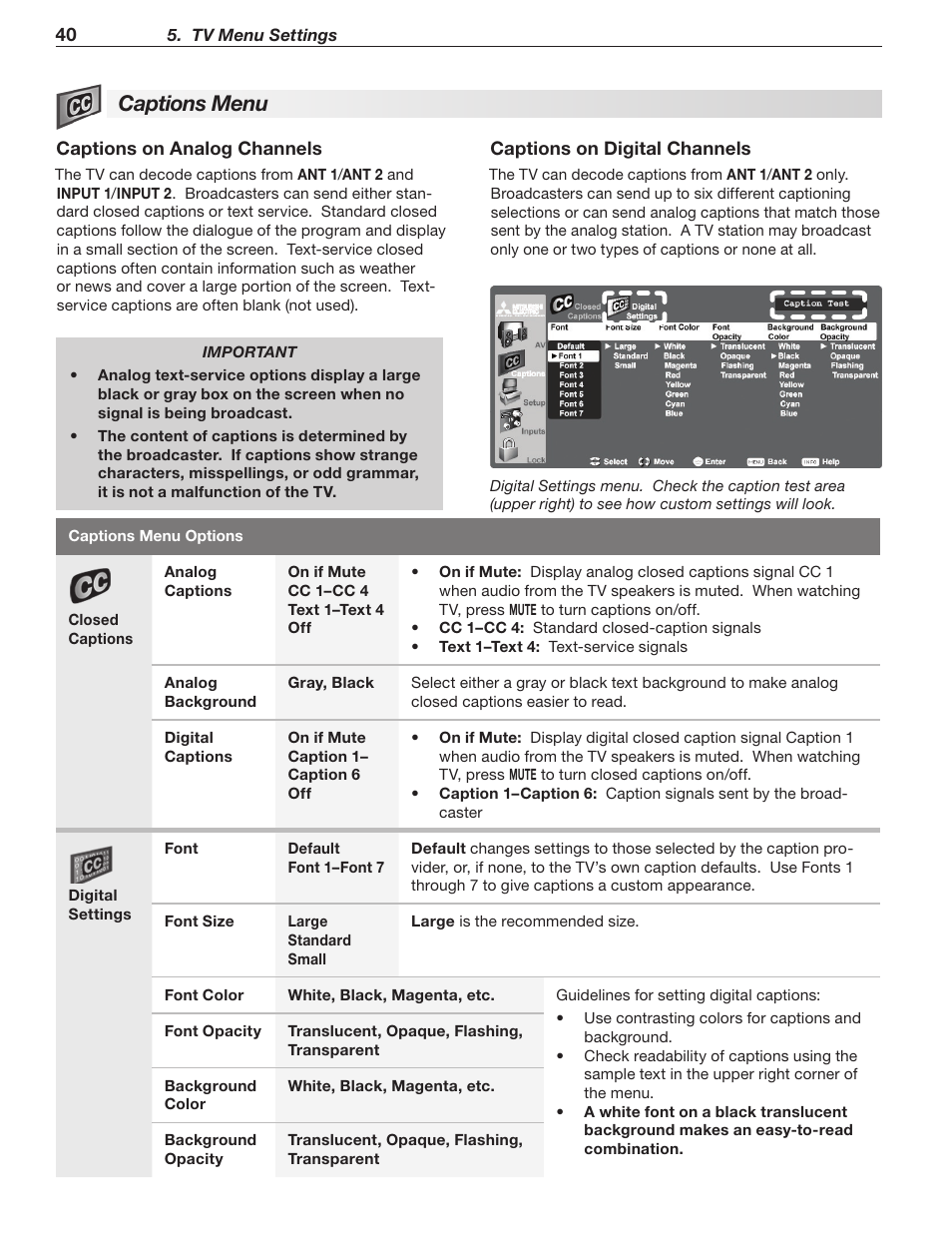 Captions menu | MITSUBISHI ELECTRIC LT-40133 User Manual | Page 40 / 88