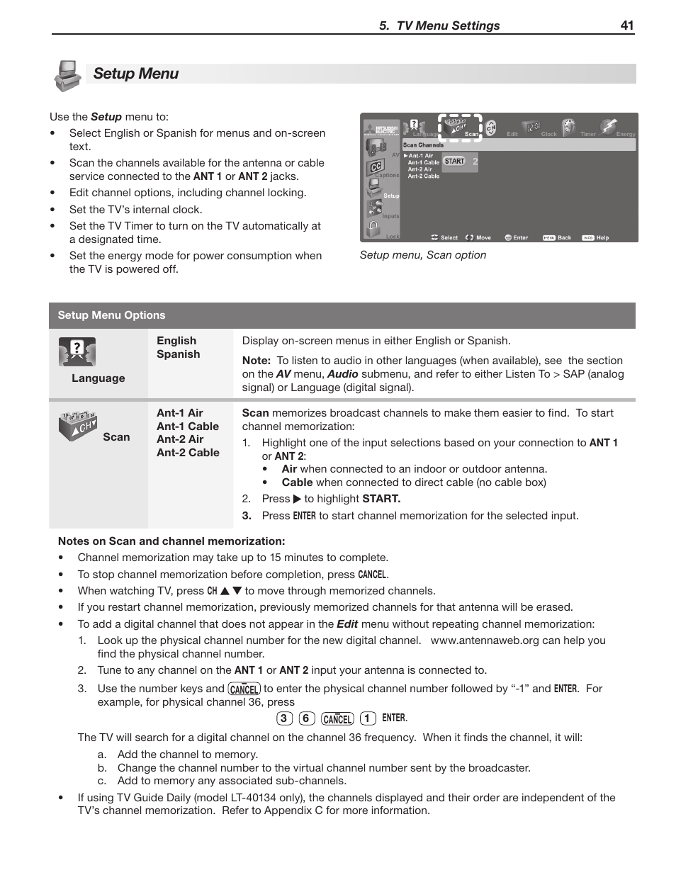 Setup menu | MITSUBISHI ELECTRIC LT-40133 User Manual | Page 41 / 88