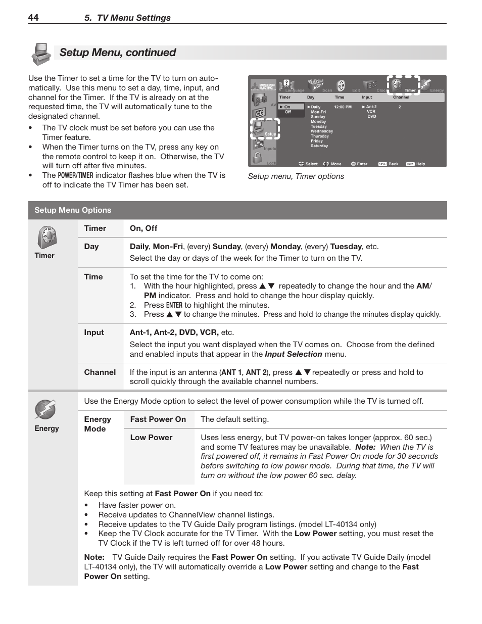 Setup menu, continued | MITSUBISHI ELECTRIC LT-40133 User Manual | Page 44 / 88