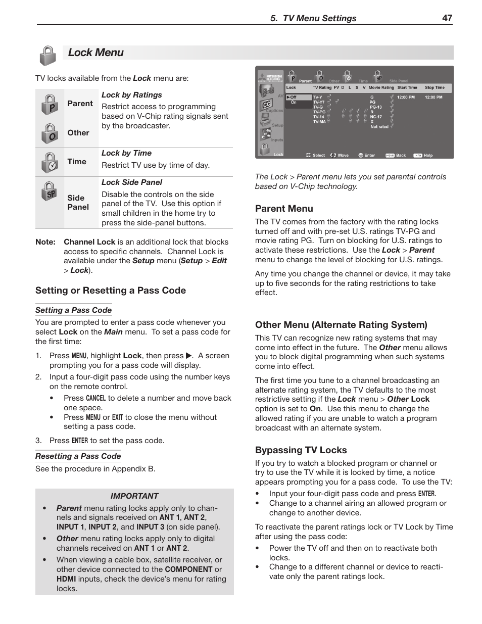 Lock menu, Setting or resetting a pass code, Parent menu | Other menu (alternate rating system), Bypassing tv locks | MITSUBISHI ELECTRIC LT-40133 User Manual | Page 47 / 88