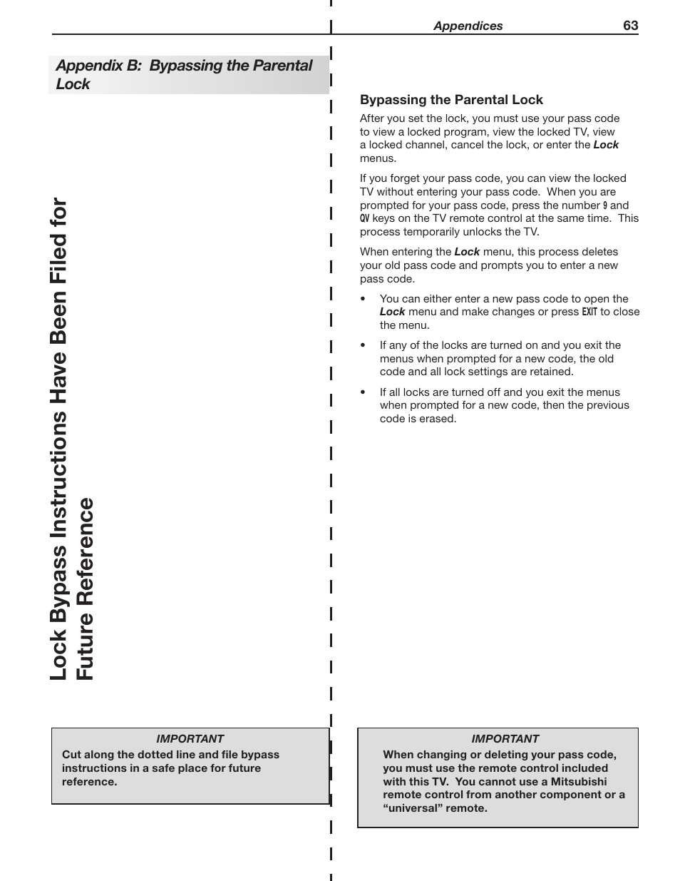 Appendix b: bypassing the parental lock | MITSUBISHI ELECTRIC LT-40133 User Manual | Page 63 / 88