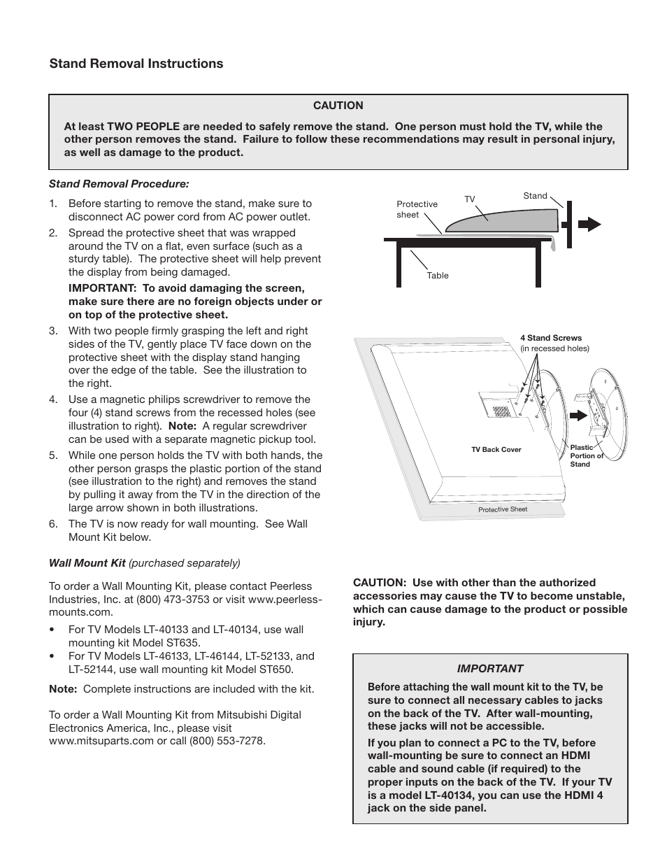 Stand removal instructions | MITSUBISHI ELECTRIC LT-40133 User Manual | Page 7 / 88