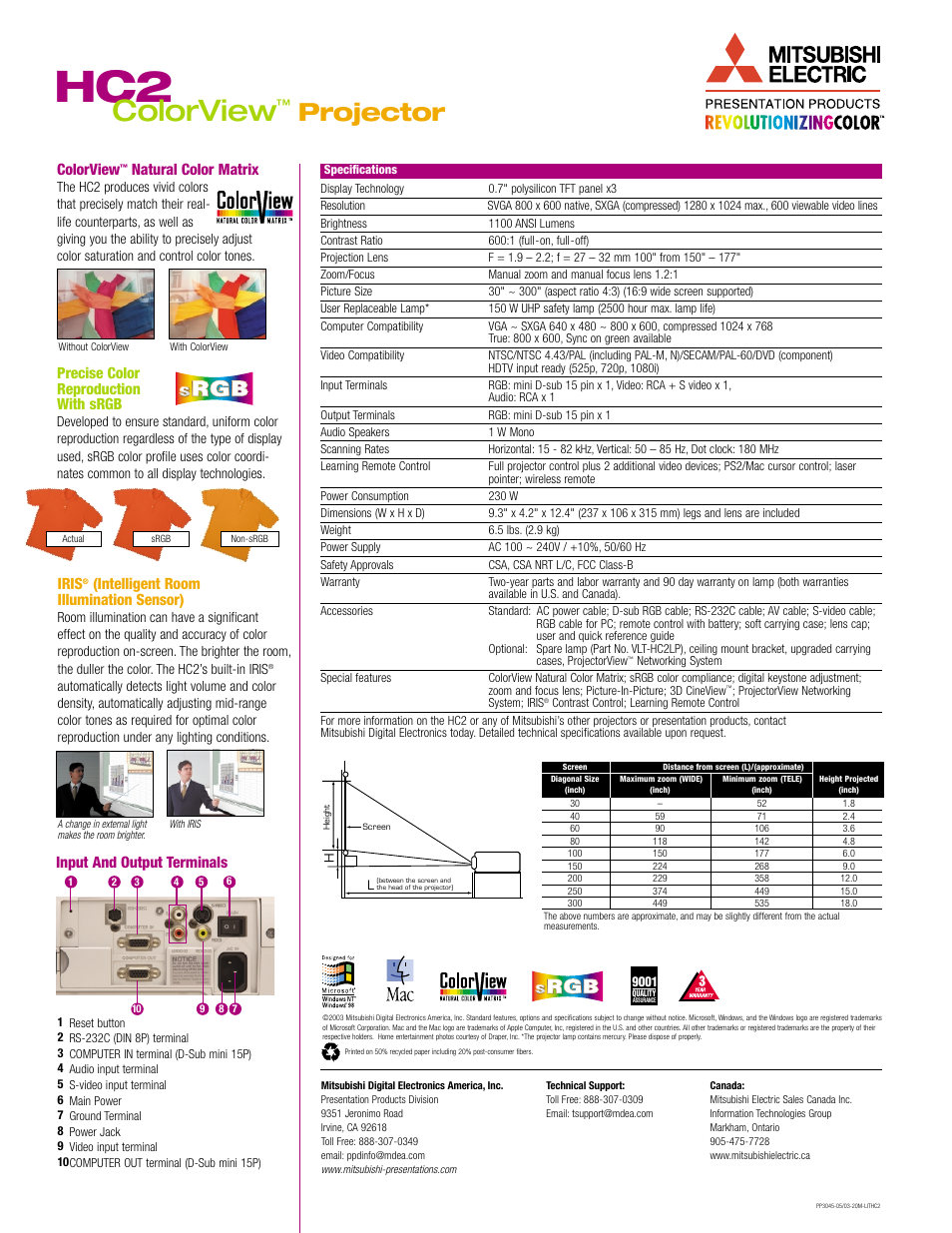 Projector, Precise color reproduction with srgb, Colorview | Natural color matrix, Input and output terminals, Iris, Intelligent room illumination sensor) | MITSUBISHI ELECTRIC HC2 User Manual | Page 2 / 2