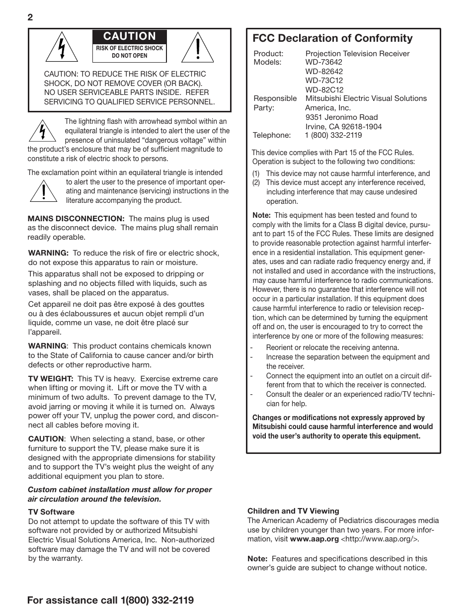 Caution, Fcc declaration of conformity | MITSUBISHI ELECTRIC WD-73642 User Manual | Page 2 / 46