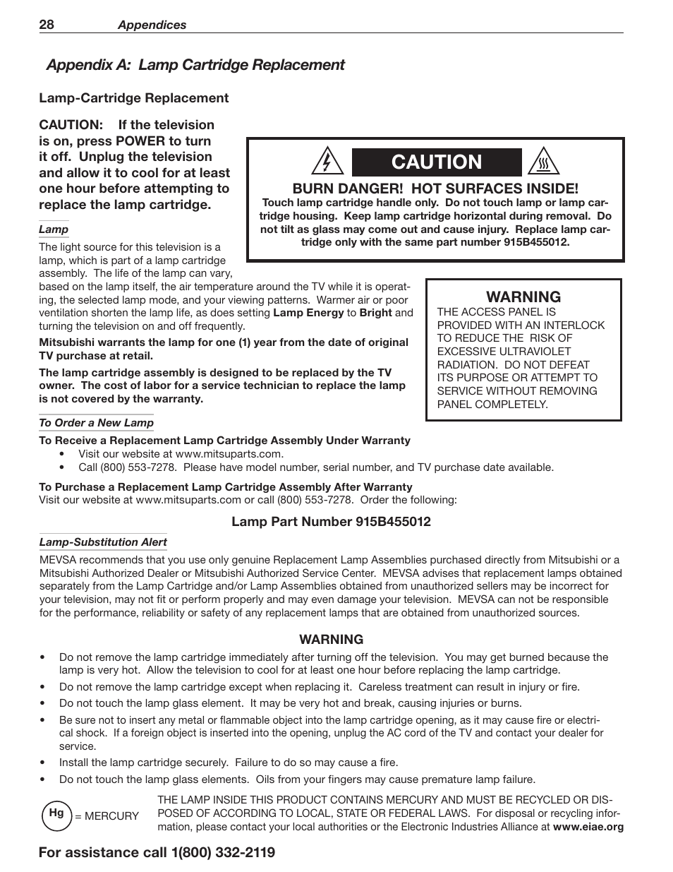 Caution, Warning, Appendix a: lamp cartridge replacement | Burn danger! hot surfaces inside | MITSUBISHI ELECTRIC WD-73642 User Manual | Page 28 / 46