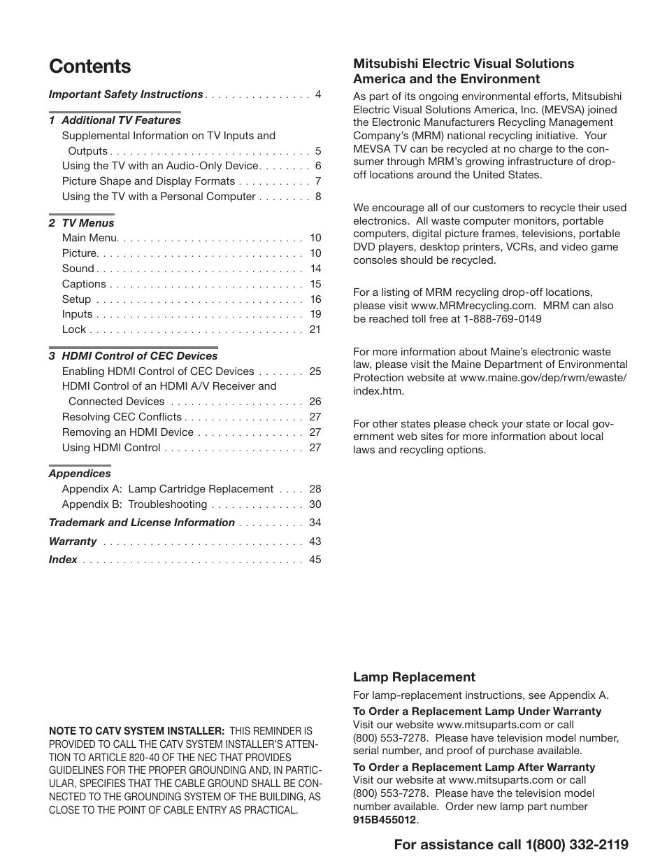 MITSUBISHI ELECTRIC WD-73642 User Manual | Page 3 / 46