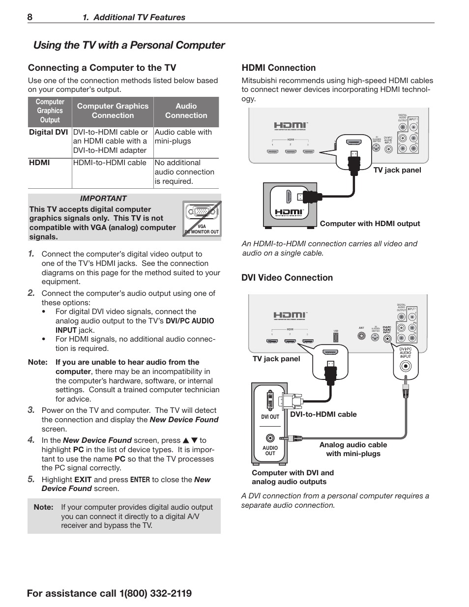 Using the tv with a pe rsonal computer, Hdmi connection, Dvi video connection | Connecting a computer to the tv, Additional tv features | MITSUBISHI ELECTRIC WD-73642 User Manual | Page 8 / 46
