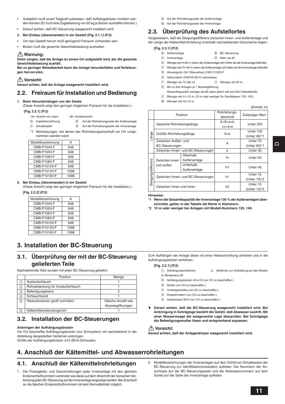 Installation der bc-steuerung, Freiraum für installation und bedienung, Installation der bc-steuerungen | Überprüfung des aufstellortes, Anschluß der kältemittelrohrleitungen | MITSUBISHI ELECTRIC BC CONTROLLER CMB-P-V-F User Manual | Page 11 / 60