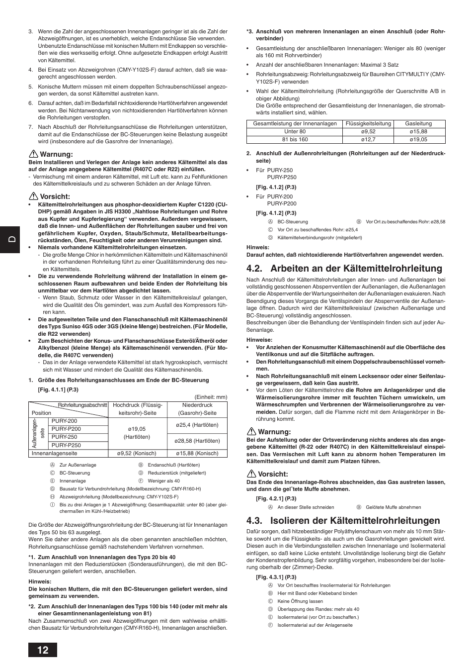 Arbeiten an der kältemittelrohrleitung, Isolieren der kältemittelrohrleitungen | MITSUBISHI ELECTRIC BC CONTROLLER CMB-P-V-F User Manual | Page 12 / 60