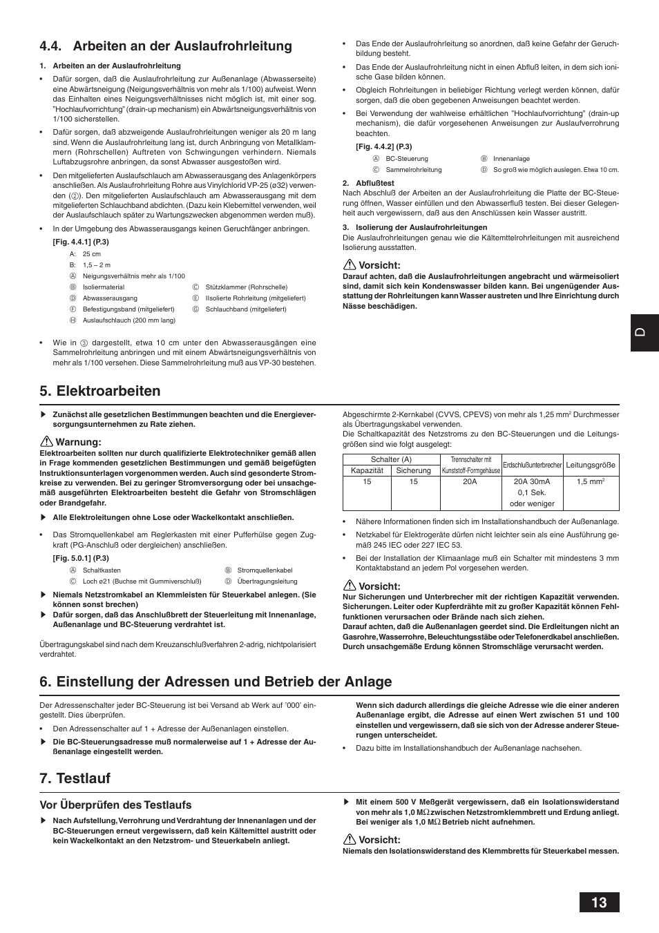 Elektroarbeiten, Einstellung der adressen und betrieb der anlage, Testlauf | Vor überprüfen des testlaufs | MITSUBISHI ELECTRIC BC CONTROLLER CMB-P-V-F User Manual | Page 13 / 60