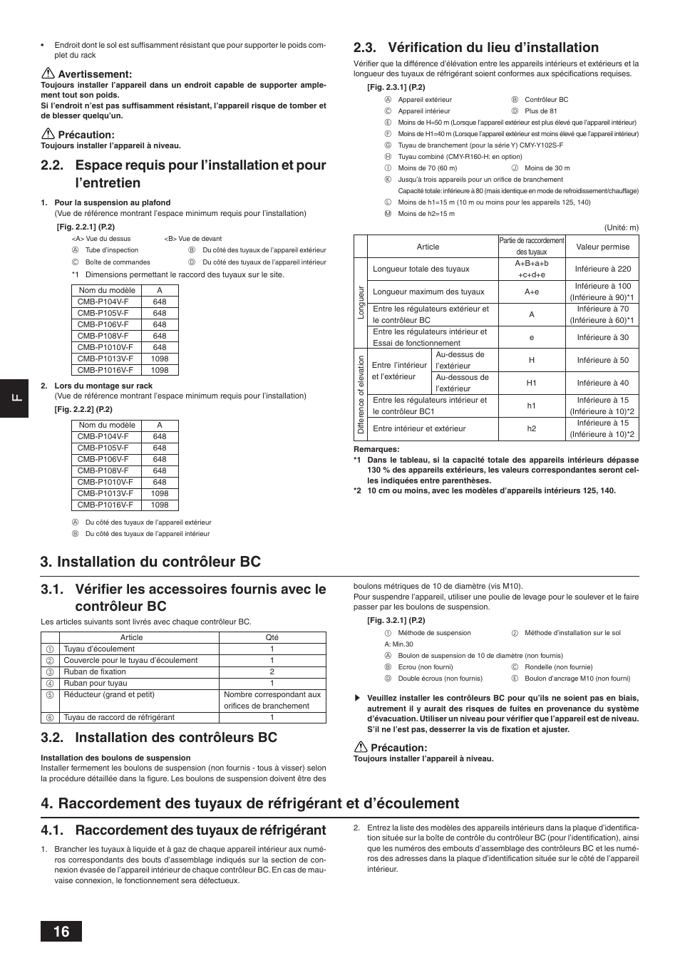 Installation du contrôleur bc, Vérification du lieu d’installation, Installation des contrôleurs bc | Raccordement des tuyaux de réfrigérant | MITSUBISHI ELECTRIC BC CONTROLLER CMB-P-V-F User Manual | Page 16 / 60
