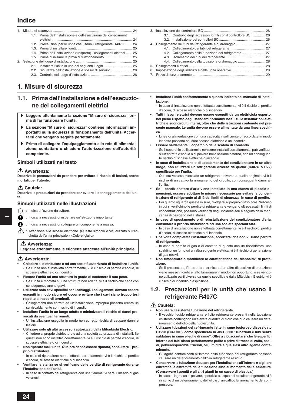 Indice 1. misure di sicurezza | MITSUBISHI ELECTRIC BC CONTROLLER CMB-P-V-F User Manual | Page 24 / 60
