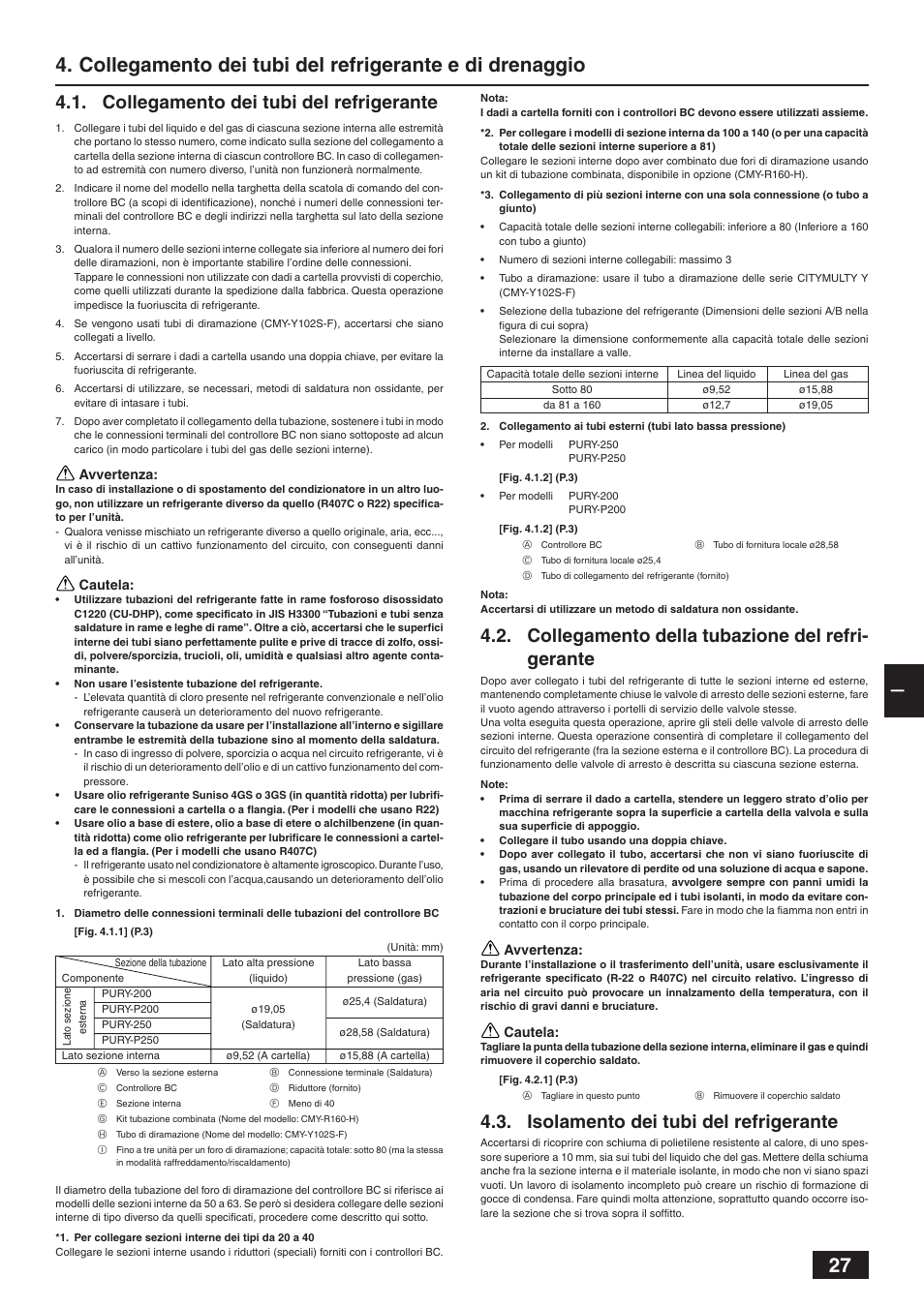 Collegamento dei tubi del refrigerante, Collegamento della tubazione del refri- gerante, Isolamento dei tubi del refrigerante | MITSUBISHI ELECTRIC BC CONTROLLER CMB-P-V-F User Manual | Page 27 / 60