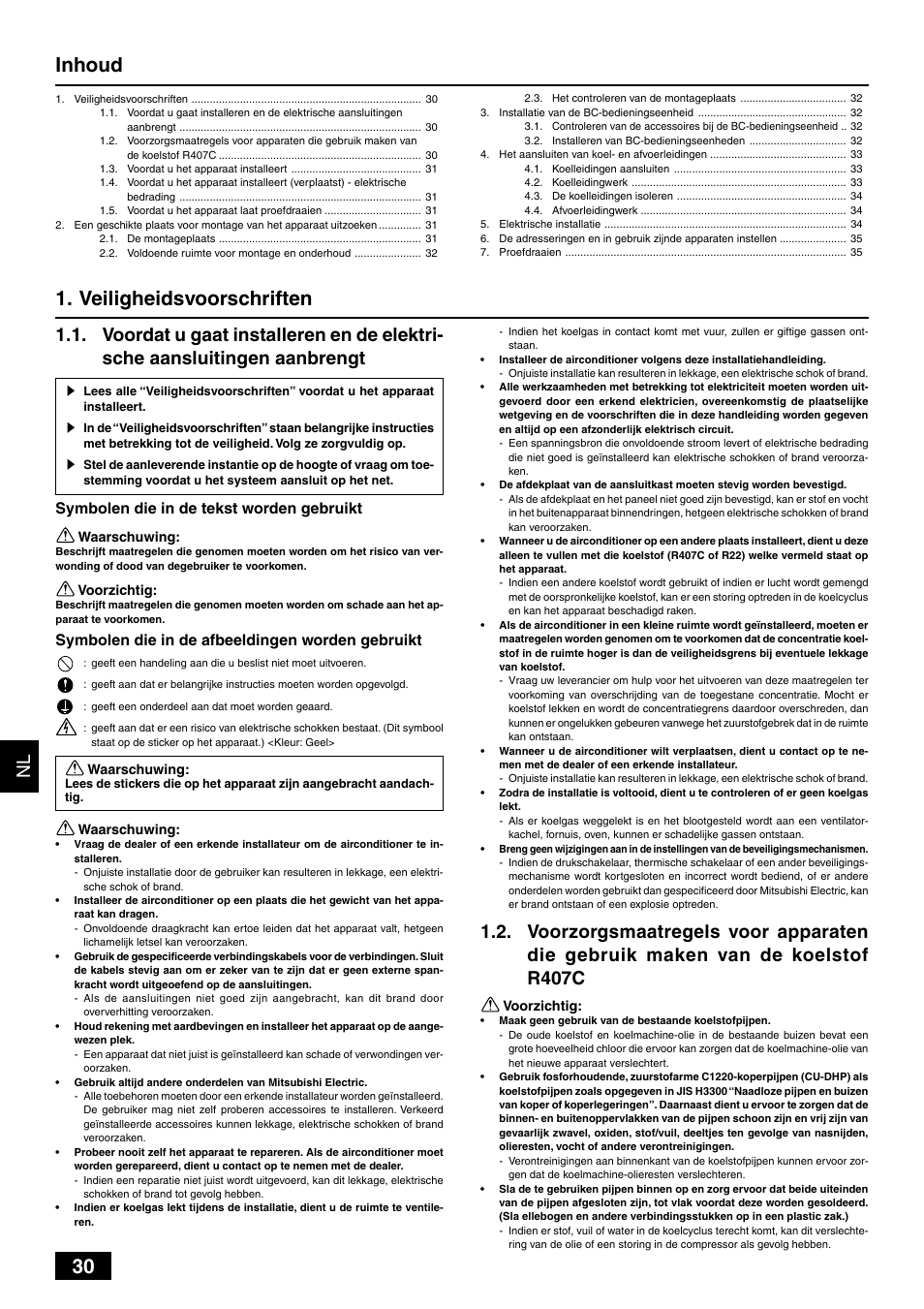 Inhoud 1. veiligheidsvoorschriften | MITSUBISHI ELECTRIC BC CONTROLLER CMB-P-V-F User Manual | Page 30 / 60