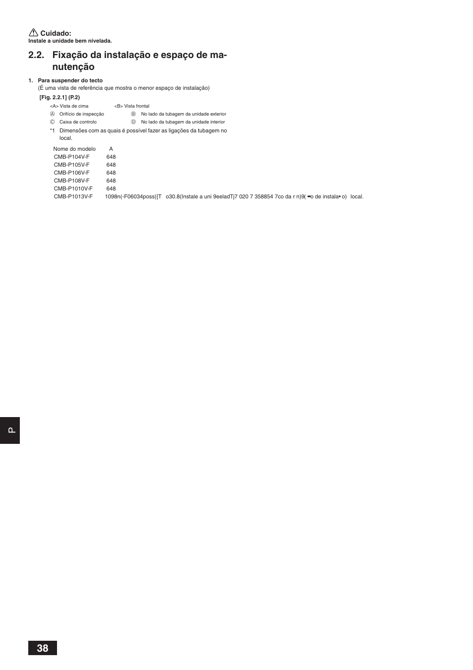 Fixação da instalação e espaço de ma- nutenção | MITSUBISHI ELECTRIC BC CONTROLLER CMB-P-V-F User Manual | Page 38 / 60