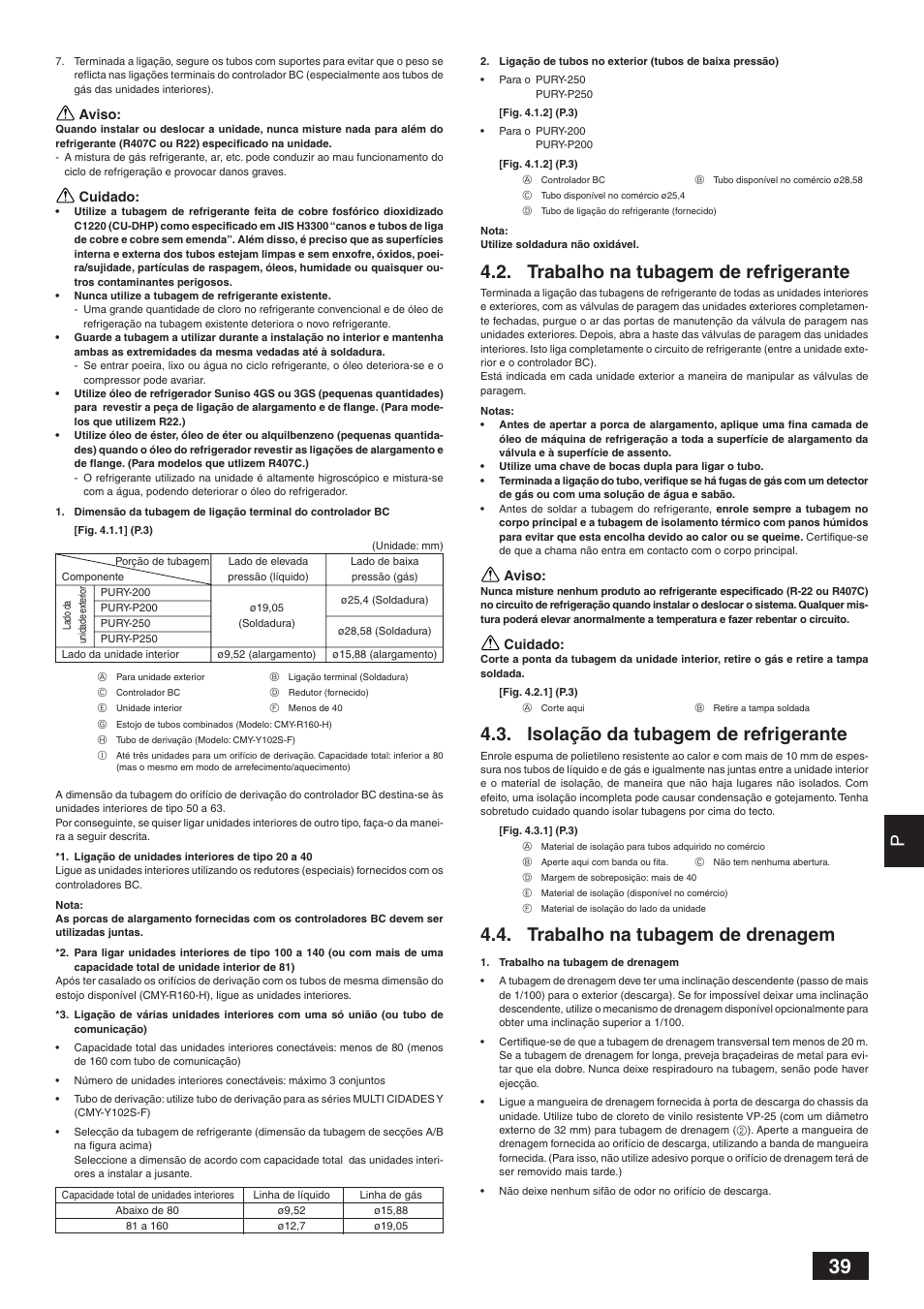 Trabalho na tubagem de refrigerante, Isolação da tubagem de refrigerante, Trabalho na tubagem de drenagem | MITSUBISHI ELECTRIC BC CONTROLLER CMB-P-V-F User Manual | Page 39 / 60