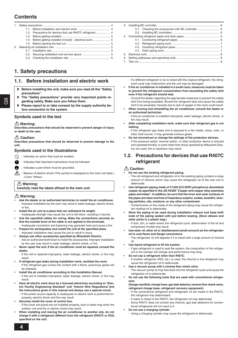 Contents 1. safety precautions, Before installation and electric work, Precautions for devices that use r407c refrigerant | Symbols used in the text, Symbols used in the illustrations | MITSUBISHI ELECTRIC BC CONTROLLER CMB-P-V-F User Manual | Page 4 / 60
